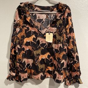 New NWT Raquel Allegra Dolly Satin Blouse Horse Print Sz 3, XLarge Equestrian